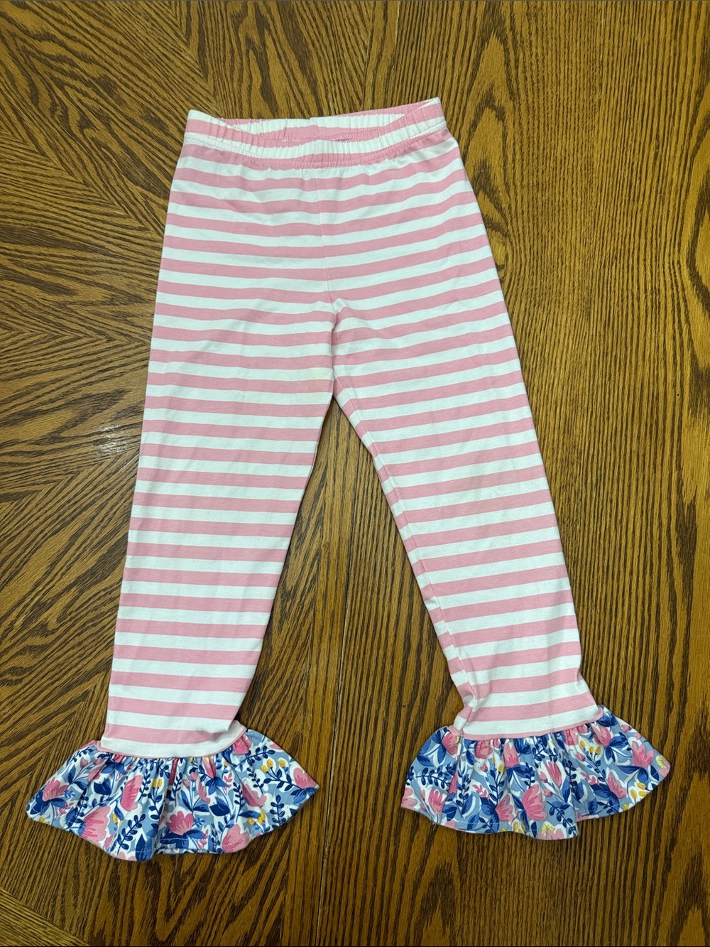 Counting Daisies Pink White Striped Multi Flower Ruffle Hem Kids Leggings Sz 6